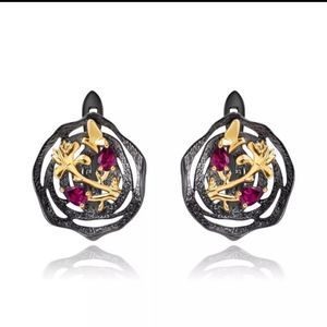 Gold leaf black titanium garnet boho punk goth style earrings new